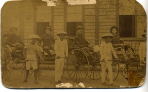Henry Bernard, middle soldier, in Yokahoma Japan, enroute home1899