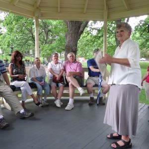 Heidi Langenfeld expertly led the tour group, here speaking to us at Irvine Park, St. Paul.