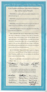 Minneapolis/Hennepin County MN Declaration of World Citizenship signed March 5, 1968, dedicated May 1, 1968