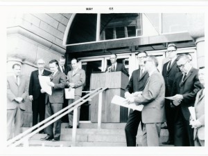 Lynn Elling at Minneapolis City Hall May 1, 1968 opening the event where Minneapolis and Hennepin County declard themselves World Citizenship Communities, and where the United Nations flag flew alongside the U.S. flag.