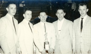 1959 A Team: Jim Bierdeman Bob Miller, Duane Zwinger, Jim Merck and Lowell Fruhwirth