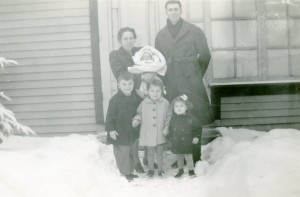Bernards at the Hafner House on the High School Block, probably January, 1946.  Esther and Henry with Frank, and Richard, Mary Ann and Florence.