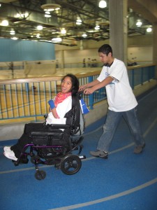 A special abilities student participating in the May 3 indoor run.