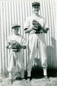 Frank and Dick Bernard, circa 1955, at Antelope Consolidated school near Mooreton ND.  First try at American Legion baseball.