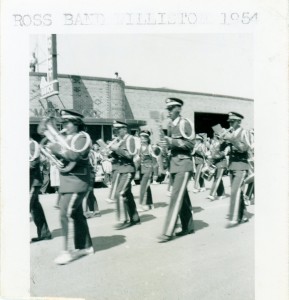 Ross ND marching band in a parade in Williston ND 1954.  If a school was lucky, a teacher had some knowledge of music, and there was an opportunity to at least learn the basics of an instrument!