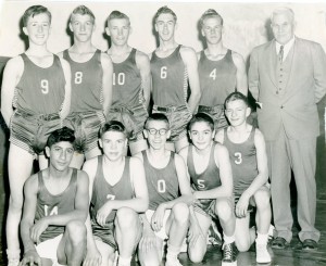 Ross ND Basketball Team 1953-54.  Dick Bernard, 8th grader, kneeling second from right