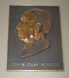 Depiction of Dr. Soren O. Kolstoe at entrance to Kolstoe Hall Valley City (ND) State University