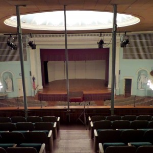 Vangstad Auditorium Oct 24, 2013.  The stained glass windows are blocked by sound panels used at a choir concert.  The dome is shown in the following photo.
