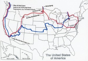 U.S. map showing the 1939 trip route, and the beginning and end points of the 1941 trip.