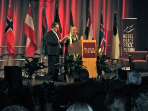 Tawakkol Karman, Yemen, co-recipient of 2011 Nobel Peace Prize, speaks at conclusion of 2013 Nobel Peace Prize Forum at Augsburg College.