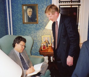Al Franken, at left, April, 1998, before the DFL dinner.  At right is Darrell Schmidt.