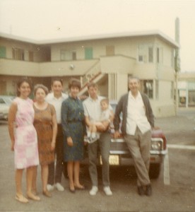 Summer 1966 California, from left: Mary Ann, Esther, John, Florence, Frank, my son Tom, Henry Bernard