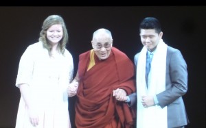 Anastasia Young, Dalai Lama and Tenzin Yeshi Paichang at conclusion of Dalai Lama's presentation
