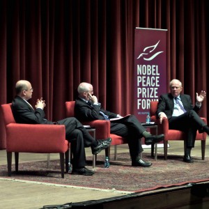 from left, Jay Nordlinger, Stephen Young, moderator, and Geir Lundestad, March 9, 2014