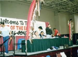 Speakers at Pow Wow May 26, 1990, Minneapolis MN.  Is that Bill Means speaking?