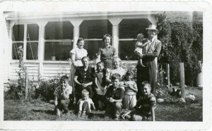 Mother's Day, 1949, at the Busch farm.  Standing at rear, from left, Lucina Pinkney, Edith Busch, Henry with John Bernard.  Middle Row: Esther and Mary Ann Bernard; Grandma Busch.  Front row from left: Richard and Frank Bernard, Ron Pinkney, Florence Bernard, Jim Pinkney.