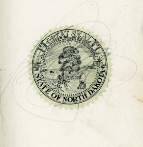 Great Seal of North Dakota in 1911 ND Blue Book.  Scribbles likely contributed by then 2-year old Esther Busch of Henrietta Township, rural Berlin ND.