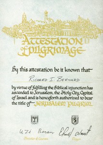 Certificate received at end of Jan. 1996 Scripture Study Tour in Israel.