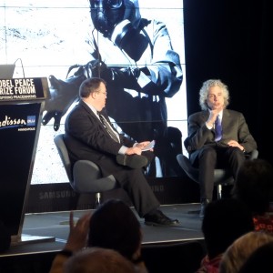 at right, Prof. Steven Pinker, author of "The Better Angels of Our Nature: Why Violence Has Declined"