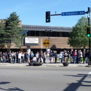 Waiting for Bernie: A crowd at the Commons on Franklin Avenue, Minneapolis, Sunday May 31, 2015 