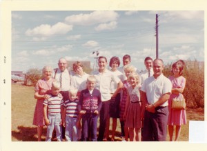At the Busch farm, August 1964. Barbara at right, Dick next to her. Grandma and Grandpa Busch at left.