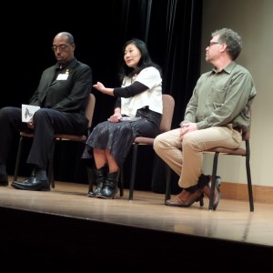 Melvin Hardy, Shizumi Shigeto Manale, and Bryan Reichhardt, following the film "Pictures from a Hiroshima Schoolyard" Sep. 19, 2015, Landmark Center, St. Paul MN.