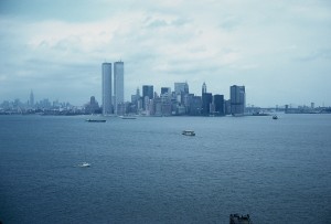 Twin Towers from Statue of Liberty, late June, 1972.  (one tower was newly opened, the other nearly completed)
