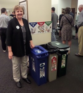 Donna Krisch, Basilica of St. Mary, Minneapolis, has volunteered to lead a group dedicated to protection of the environment; in this case, implementing a recycling program for their very large church.  Photo, May, 2015.