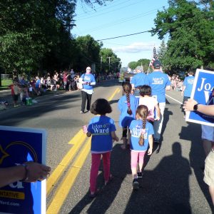 At the Oakdale Summerfest Parade on June 23, with candidates JoAnn Ward, Betty McCollum and Susan Kent and perhaps fifteen others as part of this unit.