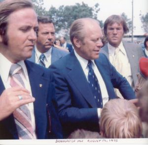 President Gerald Ford August 19, 1975. Photo by Dick Bernard, top of Tom Bernards head just visible in foreground. Tom was 11.