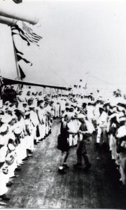 On the USS Arizona, sometime between 1936 and De. 7, 1941.  Probably part of ritual of crossing the Equator for the first time.  Photo likely taken by Frank Bernard.